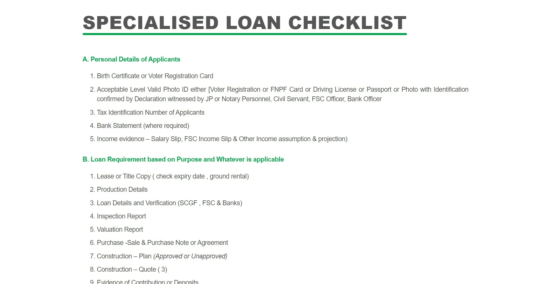 Specialised Loan Checklist